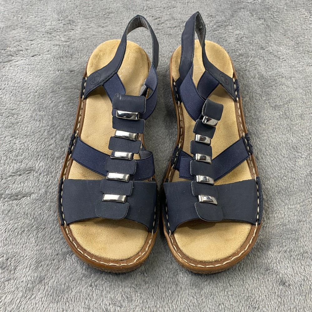 Rieker Sandals Womens 38 Navy Blue Antistress Elastic T-Strap Metallic 62422-14